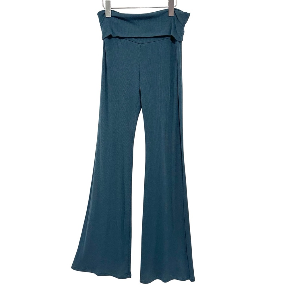 Fold-Over Waist Teal Wide-Leg Pants